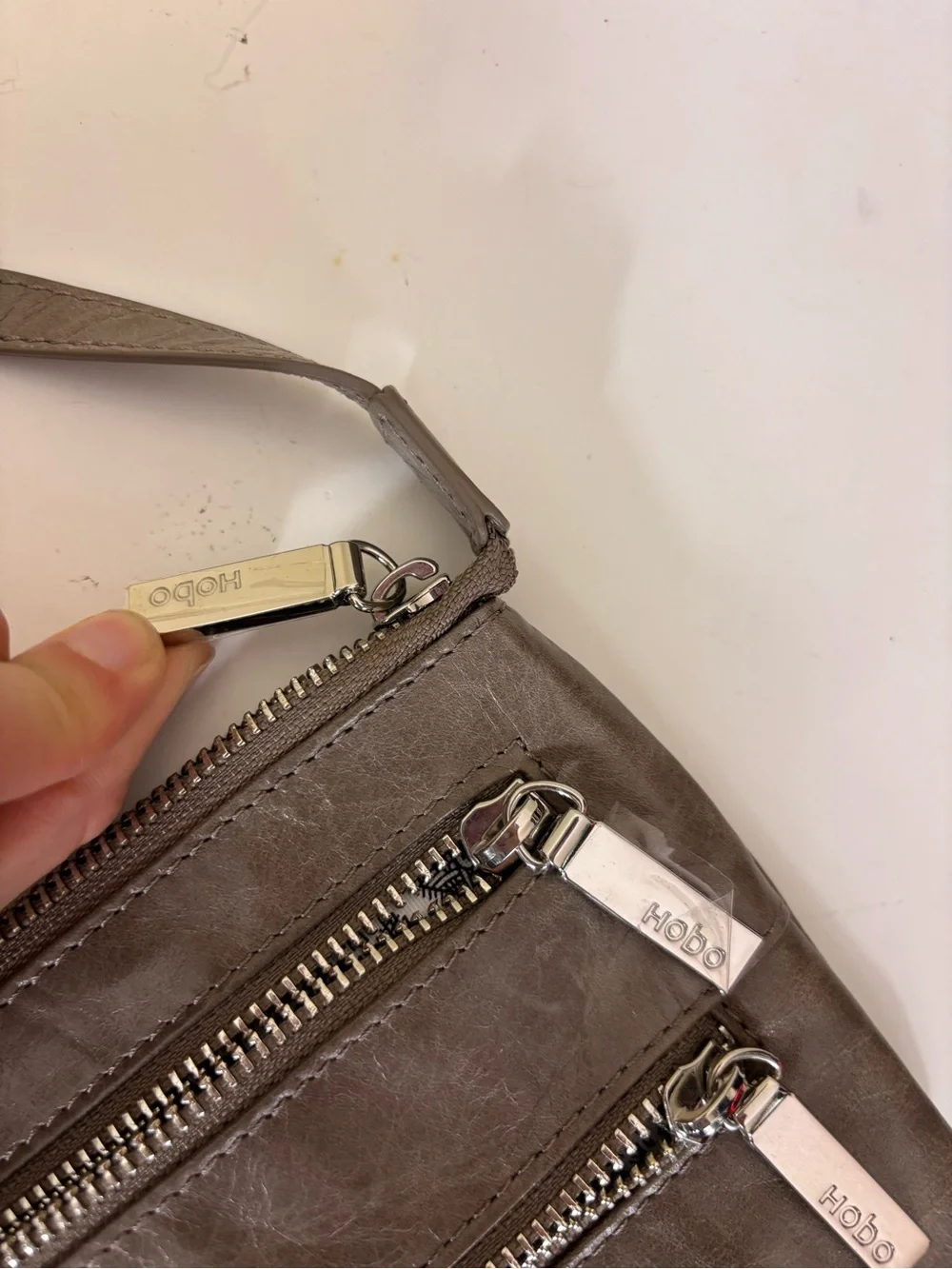 HOBO Gray Leather Crossbody & Shoulder Purse with Dual Zip Pockets on front